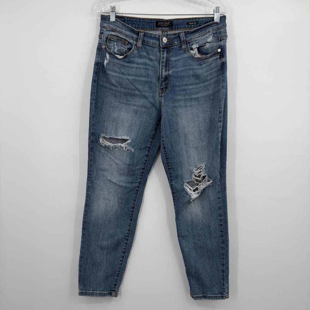 Judy Blue Jeans Womens 30 Blue Straight Slim Distressed Mid Rise Denim
